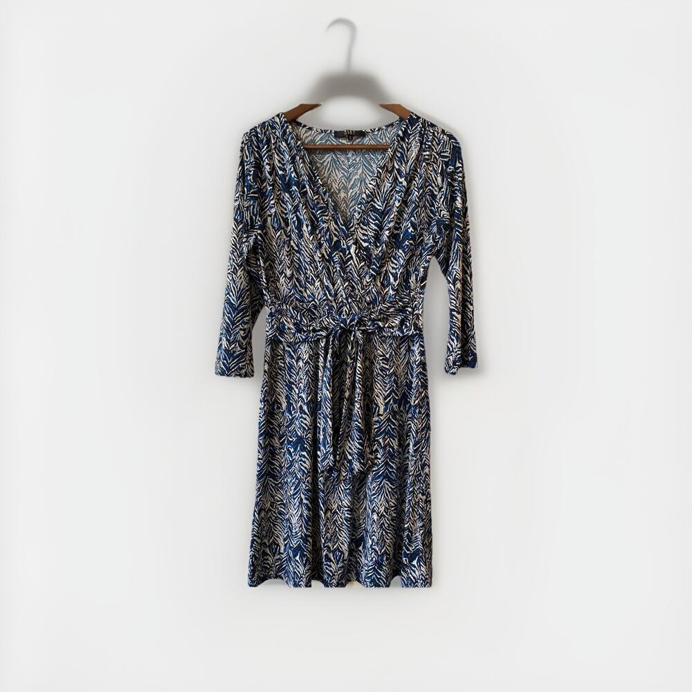 Alex Marie Women’s Dress Size Medium Blue Black V Neck Faux Tie Front Career